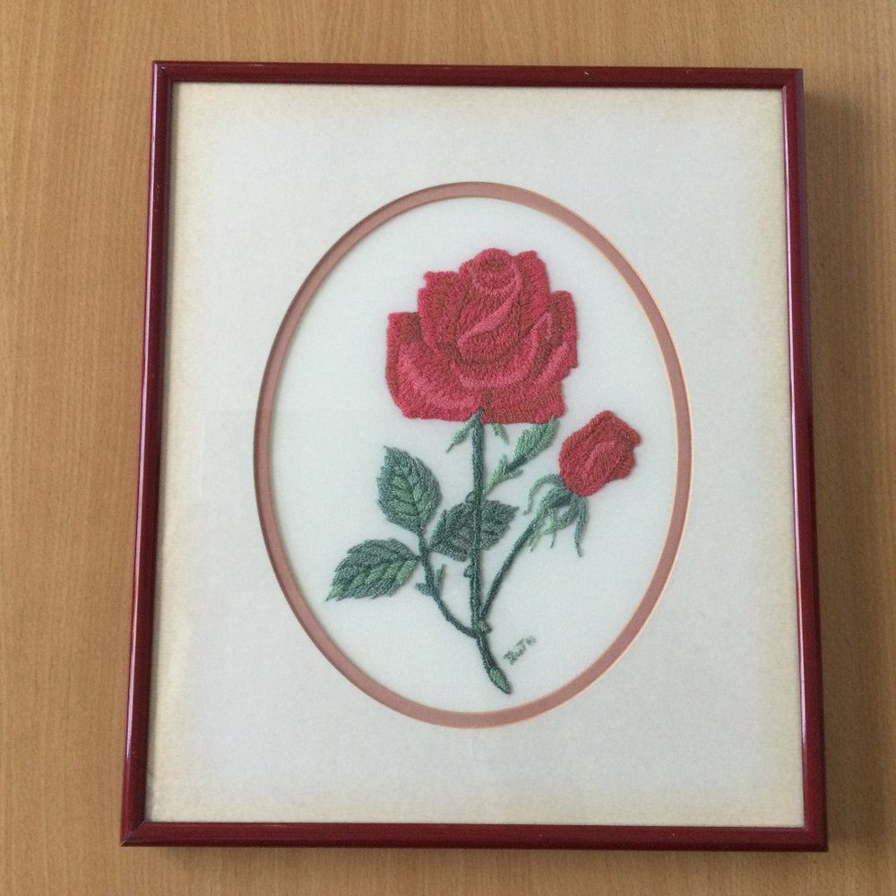 Hand embroidered embroidery yarn art wall hanging red rose framed signed